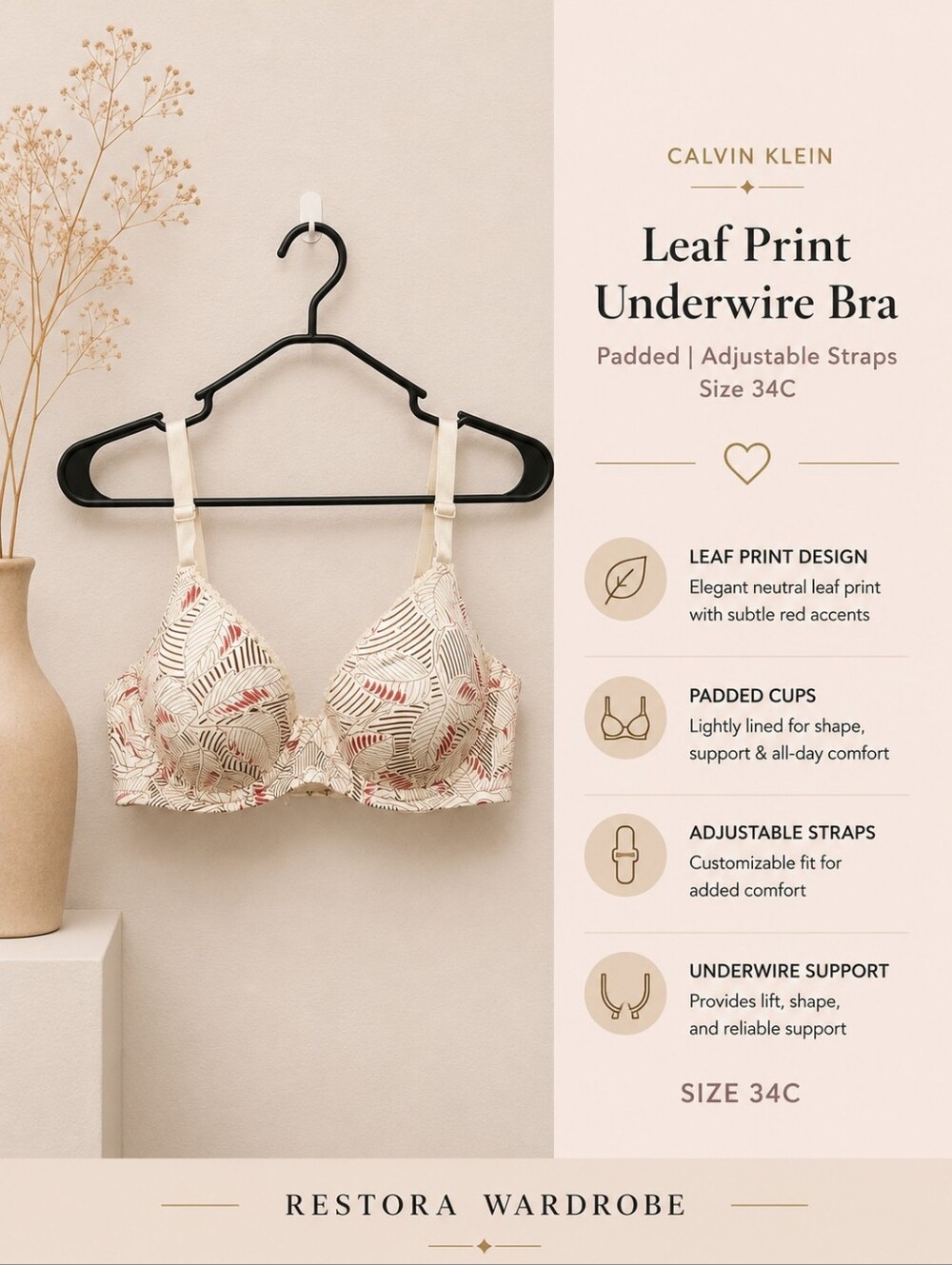 Calvin Klein Push Up Bra Cream Floral Leaf Print Underwire 34C Romantic